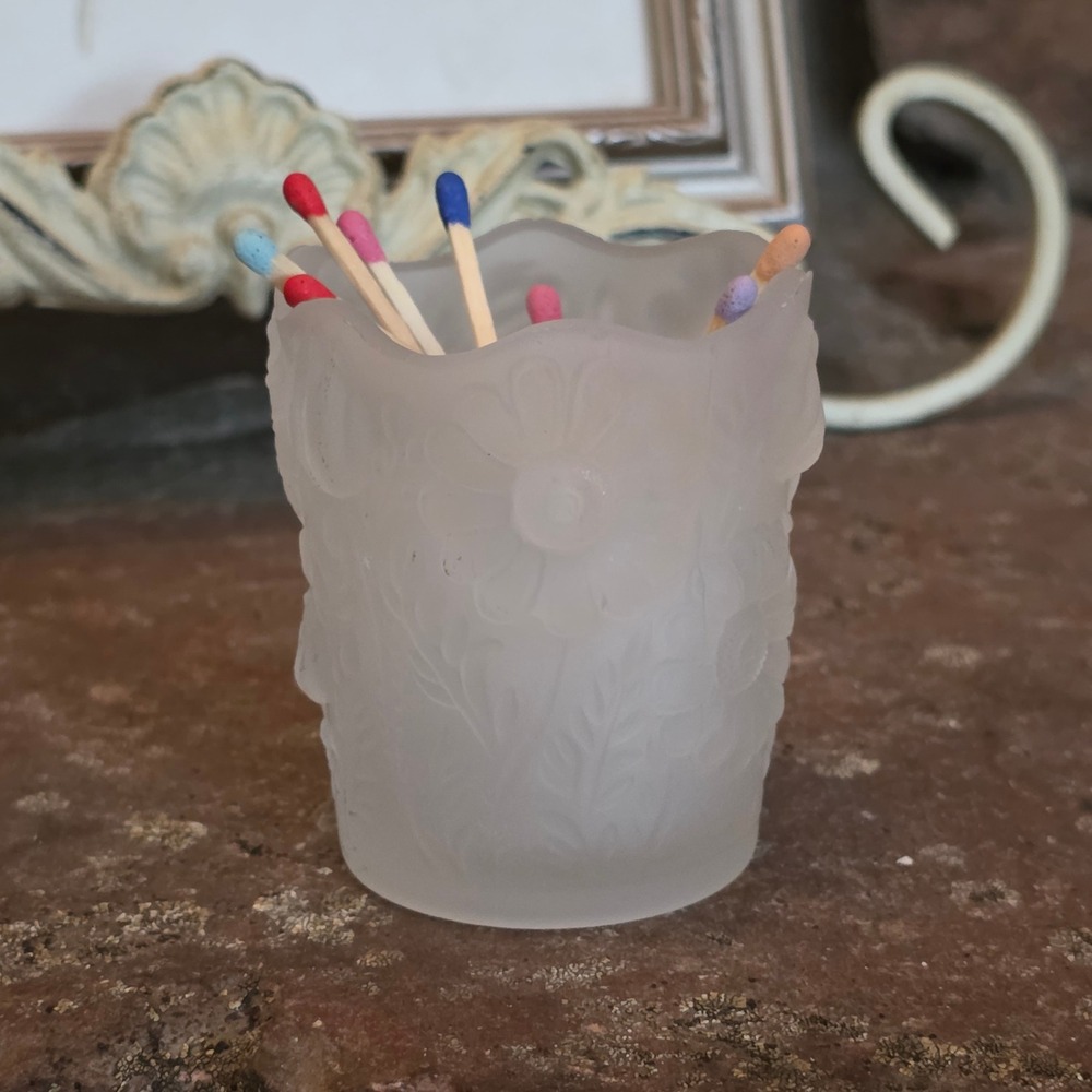 Vintage Frosted Satin Glass Floral Toothpick Holder Match Strike Daisy Pattern